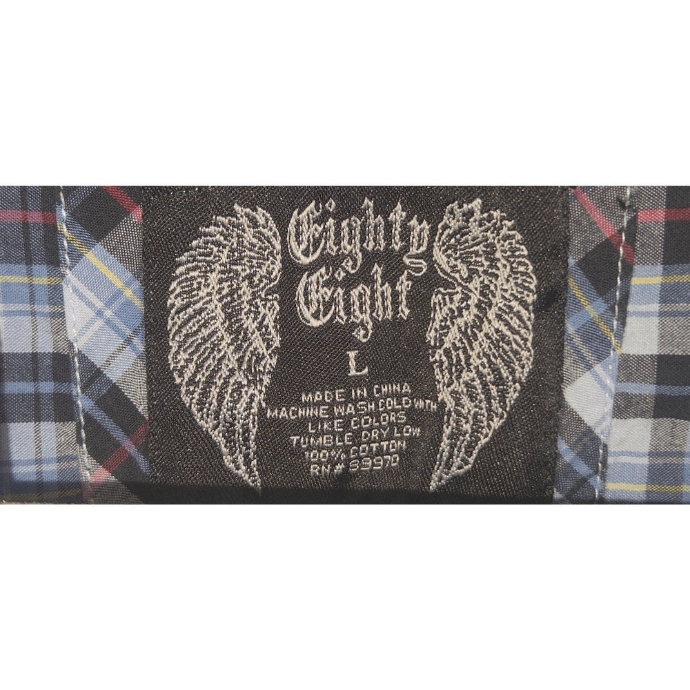 Eighty Eight Mens Large Plaid Button Down Shirt Blue Black Utility Roll Tab L